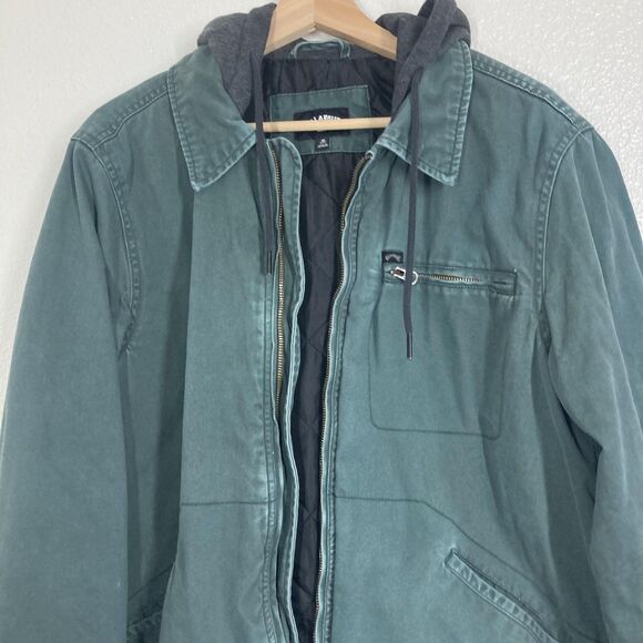 Billabong Barlow Jacket Mens Medium Green Hooded Canvas Zip Front Quilted Lined - Picture 8 of 16